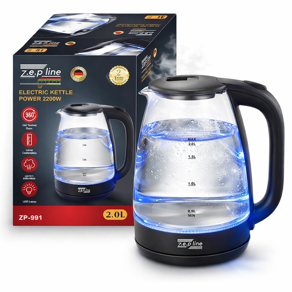Стеклянный электрочайник с LED подсветкой Zepline ZP-991 (2.0 л, 2200 Вт) - Прозрачный чайник с автоотключением | Зображення 2