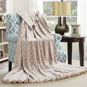 Плед хутряний з помпонами Бежевий Кулі Love You 150 x 200 см