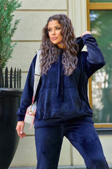 Женский велюровый спортивный костюм худи и штаны, большие размеры и батал, SS160 цвет темно-синий, размер 56/60 | Зображення 3