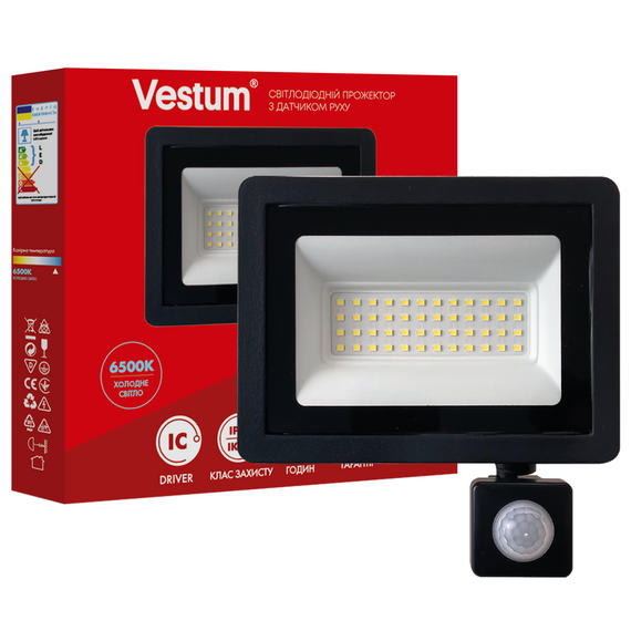 Світлодіодний прожектор з датчиком руху Vestum 50W 4000Лм 6500K 180-260V IP65 1-VS-3022