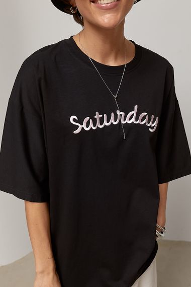 Футболка вільного фасону з написом Saturday - чорний цвет, ONE SIZE (є розміри) | Зображення 3