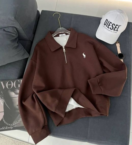 Женский свитшот поло с воротником на молнии и длинными рукавами цвет коричневый размер 42/48 HI2762