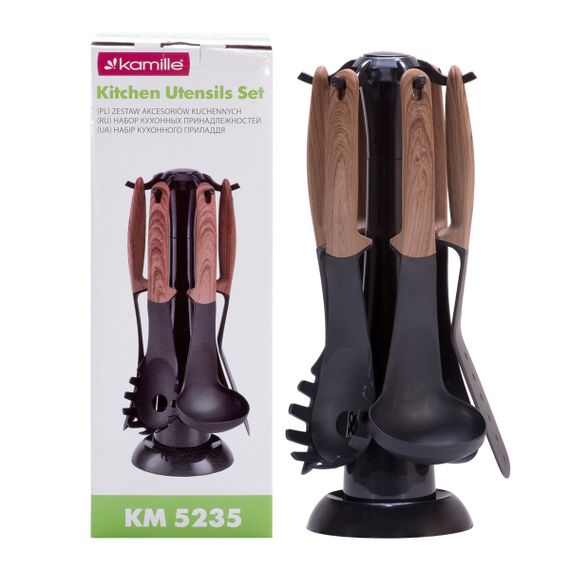 Набір кухонного приладдя з підставкою 7 предметів нейлонові з ручкою під дерево