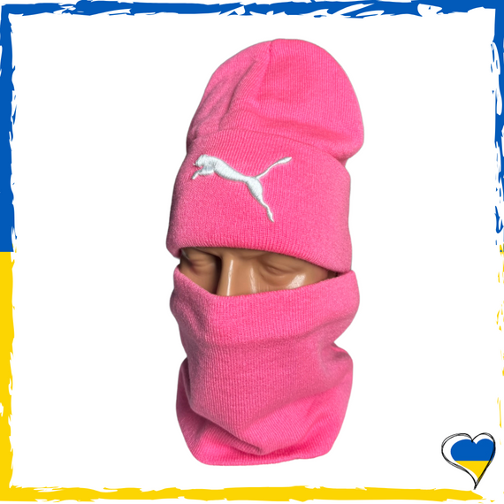 Комплект Puma рожевий шапка и баф на флісі унісекс. Набір теплий. Чоловічий, жіночий, підлітковий, дитячий