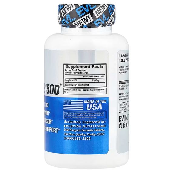 L‑Аргінін Evlution Nutrition L-Arginine1500®, 100 Capsules (750 mg per Capsule) | Зображення 1