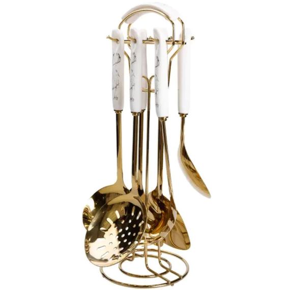 Набір кухонного приладдя 7 предметів на підставці столові прилади з нержавіючої сталі Золото з білим HP-20-7