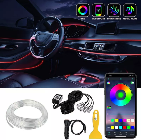 Автомобильная светодиодная ЛЕД подсветка RGB в салон автомобиля, Bluetooth управление, опто волокно