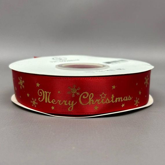 Стрічка атласна 2,5см із новорічним малюнком - червона Merry Christmas | Зображення 2