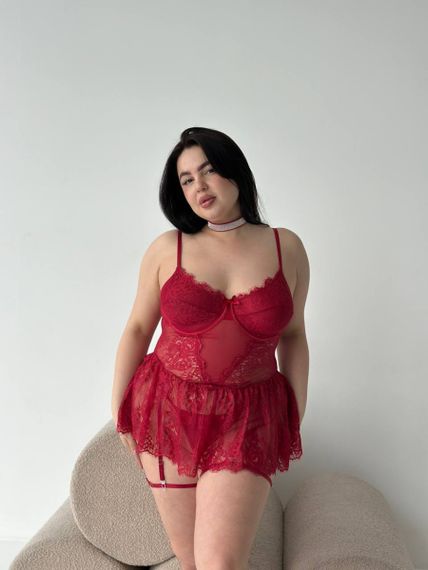 Мереживний червоний пеньюар еротична білизна з гартерами PLUS SIZE | Зображення 4