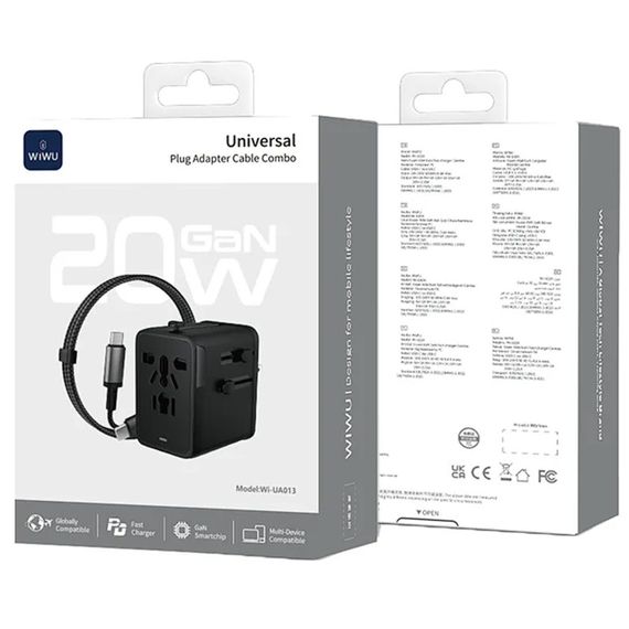 Мережевий універсальний перехідник WIWU UA013 20W GaN + 1USB-A/2C with retractable cable Type-C Black | Зображення 4