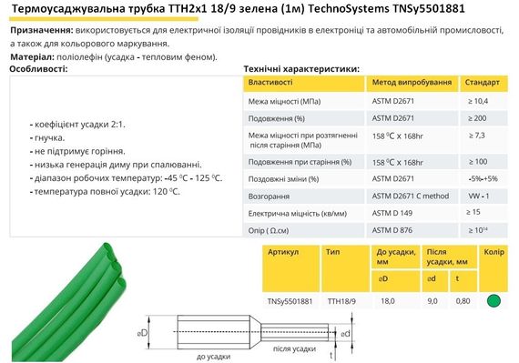 Термоусадочна трубка ТТН2х1 18/9 зелена 1 метр Ny95501881 | Зображення 1