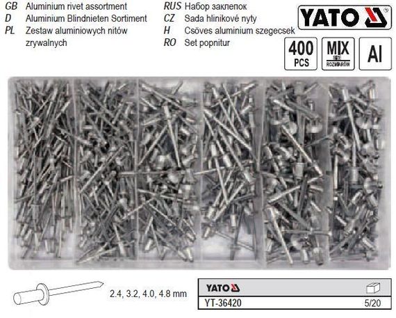Набір заклепки ніти 2,4; 3,2; 4,0; 4,8х6,4 мм 400шт YATO Польща YT-36420 | Зображення 1
