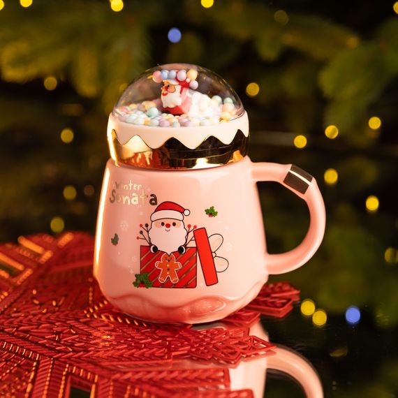 Чашка порцелянова з кришкою Christmas 400 (мл) Рожева Yiwu FM-CS-41C | Зображення 1