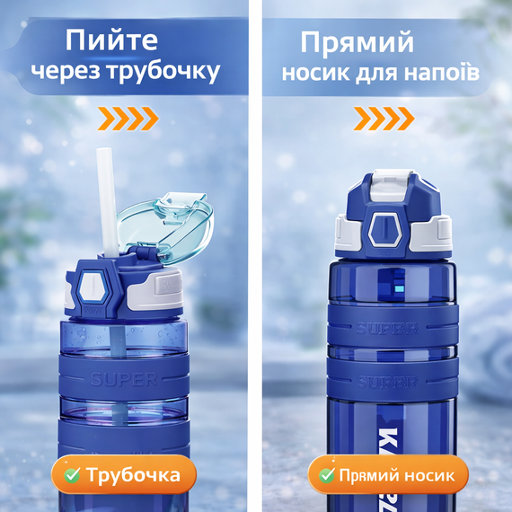 Спортивная бутылка для воды KANGZYUAN 500 мл Синяя Тритановая (BPA Free), с клапаном и поилкой | Зображення 3