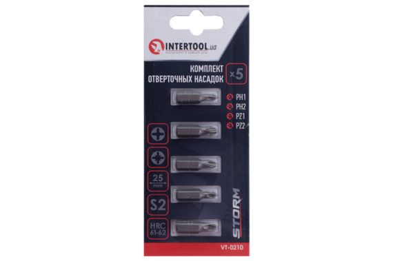 Набор бит Intertool - PH1 x PH2 x PZ1 x PZ2 x 25 мм Storm (5 шт.) (VT-0210) | Зображення 2