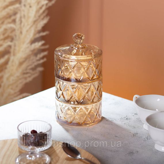 Конфетница трехуровневая Ø 10 см стеклянная с крышкой коричневая HP-YH-80 | Зображення 4