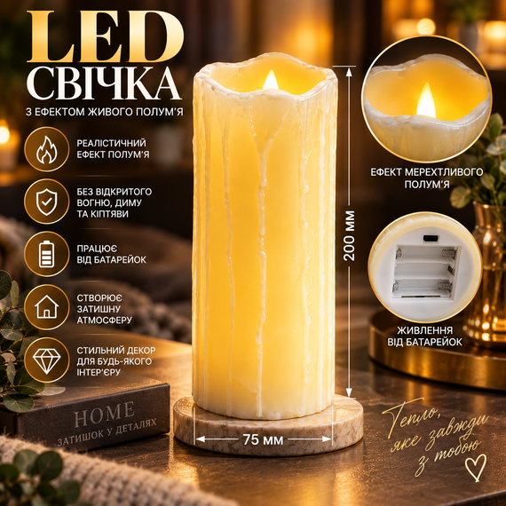 Свеча LED декоративная 75×200 мм с эффектом живого пламени на батарейках, теплый свет | Зображення 4