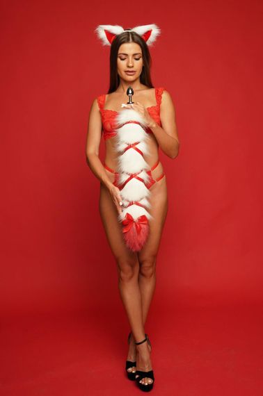 Анальний хвіст зі стрічкою без пробки, Білий з червоним кінчиком, OKOVA 60 см. sexstyle | Зображення 2