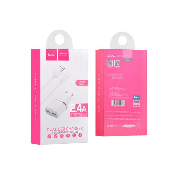 Набір СЗУ HOCO C12 Smart+кабель Micro, 2xUSB, 2.4A, кабель 1м, White, Blister | Зображення 5