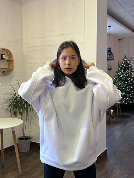 Жіноче тепле худи супер оверсайз подовжений на флісі колір білий розмір S/L AtD0034