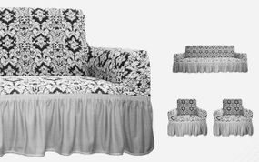 Жакардовый чохол на диван + 2 крісла Damask зі спідницею, білий