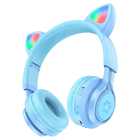 Бездротові навушники з мікрофоном Hoco W39 |bluetooth 5.3, AUX, 10H, RGB підсвічування| котячі вушка Blue
