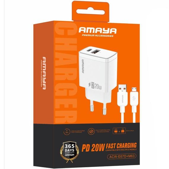 МЗП Amaya E67D PD20W+QC3.0 (1USB-A/1C) + кабель USB to MicroUSB White | Зображення 1