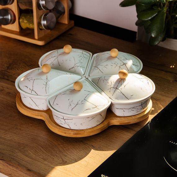 Менажница фарфоровая на вращающейся подставке 5 секций белая HP-1217 | Зображення 6