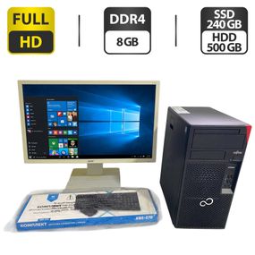 Комплект ПК: комп'ютер Fujitsu Esprimo P558 E85 Tower / Intel Core i3-8100 (4 ядра по 3.6 GHz) / 8 GB DDR4 / 240 GB SSD + 500 GB HDD / Intel UHD Graphics 630 + Монітор Б-клас Acer B246HL / 24" (1920x1080) TN + Клавіатура, мишка, кабелі б/в
