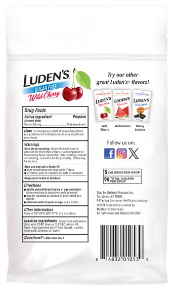 Заспокійливі льодяники з пектином Luden’s, для горла та порожнини рота, смак - дика вишня, без цукру, 25 шт. | Зображення 1