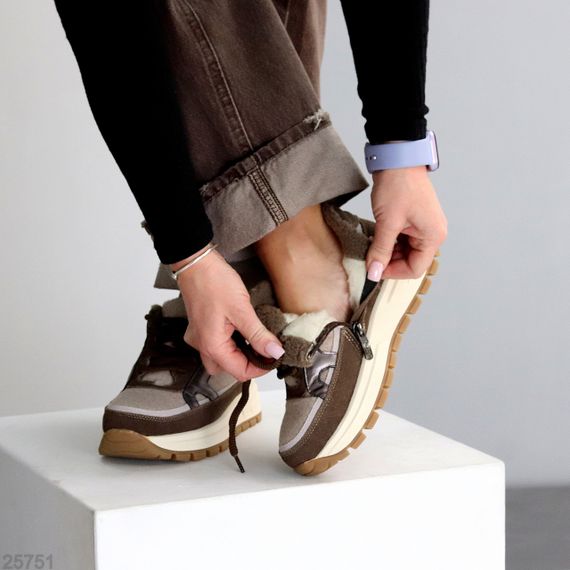 Дизайнерські комбіновані фетрові зимові кавово-бежеві кросівки | Зображення 1