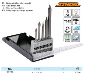 Набір свердл по склу і кераміці STHOR : Ø=4, 5, 6, 8, 10 мм, YG6X, HEX-1/4", 5 шт VOREL-21709