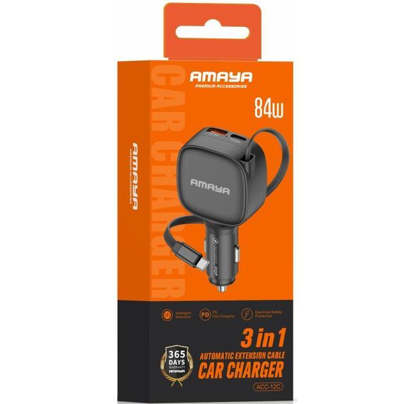 АЗП Amaya ACC-12C PD57.5W+QC3.0  total 84W (1USB-A/1C) with retractable cable Type-C Black | Зображення 1