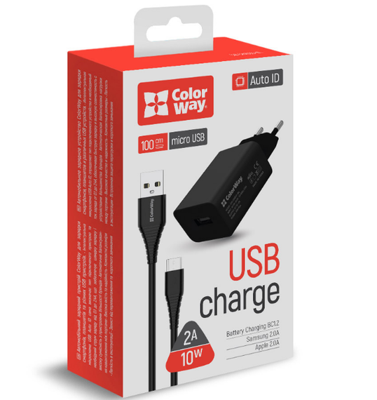 Зарядний пристрій мережевий USB + кабель MicroUSB 2,4A 10W чорний ColorWay CW-CHS012CM-BK