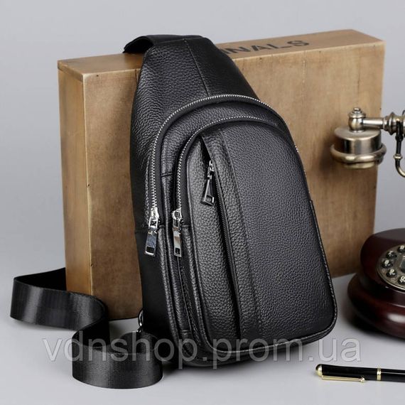 Мужская кожаная сумка-бананка на одно плечо 18х32х7, рюкзак слинг для телефона и мелочи TIDING BAG 83228 черый | Зображення 4
