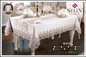 Льняна скатертина з ранером Selin Banu Set 160×350+12 серветок кремова