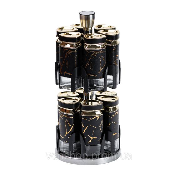 Набір для спецій на підставці 12 баночок по 120 мл, чорний мармур HP1356