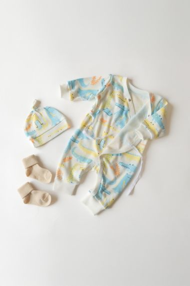 Комплект одягу ромпер кімоно + шапочка принт Крокодил світлий від народження до 6 міс | Зображення 1