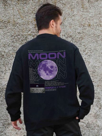 Утеплений оверсайз світшот на флісі з принтом Without Moon Black