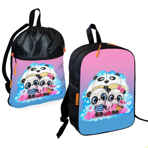 Школьный рюкзак детский Панды под зонтиком + Сумка для обуви спортивной формы рюкзак-мешок мальчику (01920)