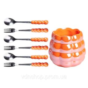 Набор десертных вилок и ложек на 3 персоны с подставкой из фарфора 7 предметов Оранжевый HP-20-60