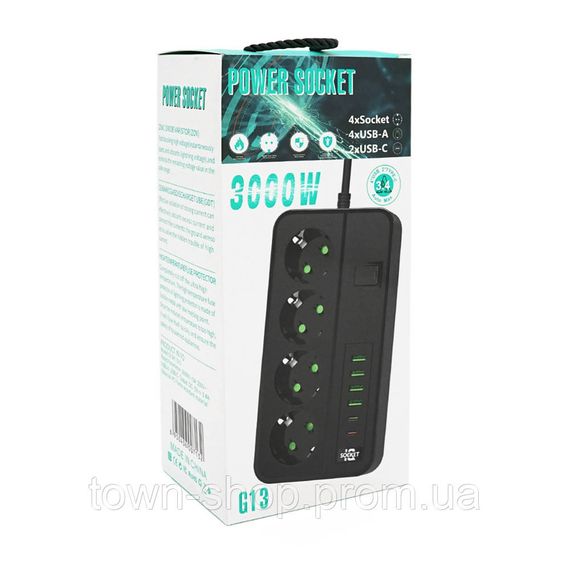 Сетевой фильтр G13, 3000W, 4 Socket + 4 USB 3,2А + 2 Type-C, 2м, Black, Box | Зображення 1