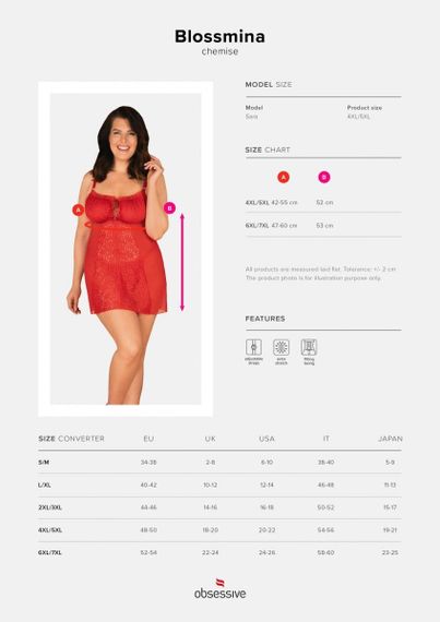 Сорочка и вырезом Obsessive Blossmina chemise Красная 6XL/7XL | Зображення 4