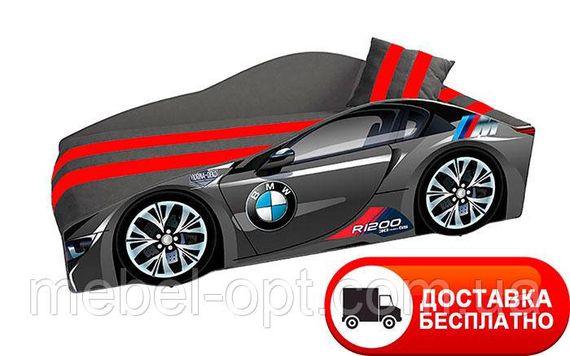 Кровать машинка серия Элит модель BMW черная (графит) со спортивным матрасом и подушкой
