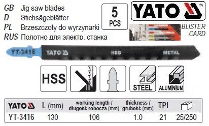 Набір полотно для електролобзика YATO 21TPI l=130 мм 5 штук YT-3416