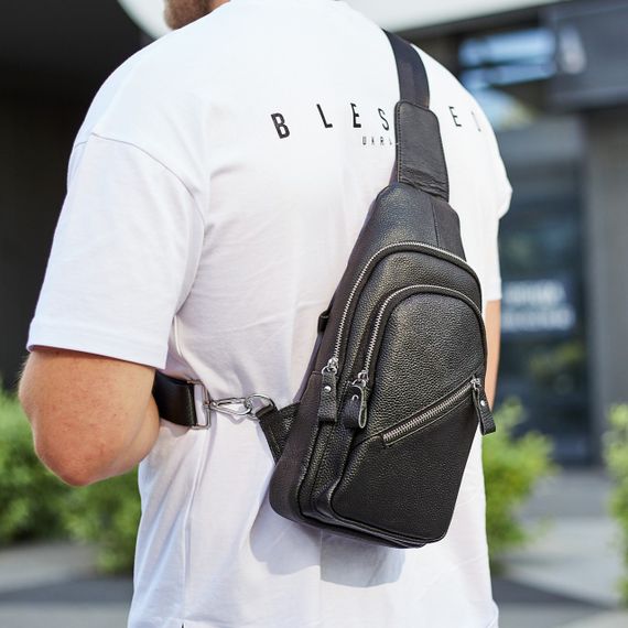 Чоловічий слінг сумка через плече шкіряна чорна Tiding Bag 33737 | Зображення 7