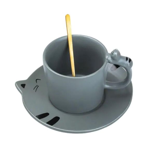 Чашка з блюдцем та ложкою порцелянова 250 мл Кошеня Сіра HP7202G | Зображення 2