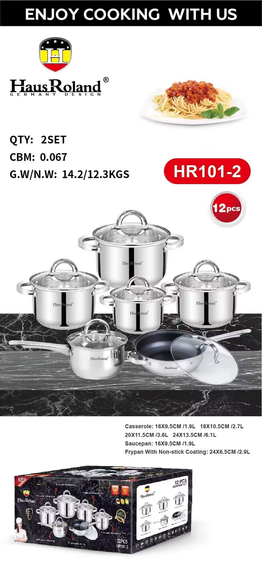 Набор посуды Haus Roland HR101-2,12 предметов из нержавеющей стали: кастрюли 1,9/2,7/3,6/6,1 л, ковш 1,9 л, сковорода 2,9 л (HR101 | Зображення 1