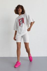 Женский костюм с футболкой oversize и велосипедками - молочный цвет, S (есть размеры)