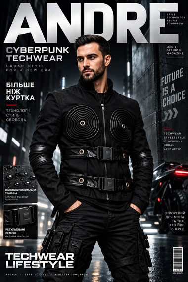 Мужская куртка ANDRE Cyberpunk Techwear черная водоотталкивающая, футуристическая куртка с ремнями, размер L | Зображення 4
